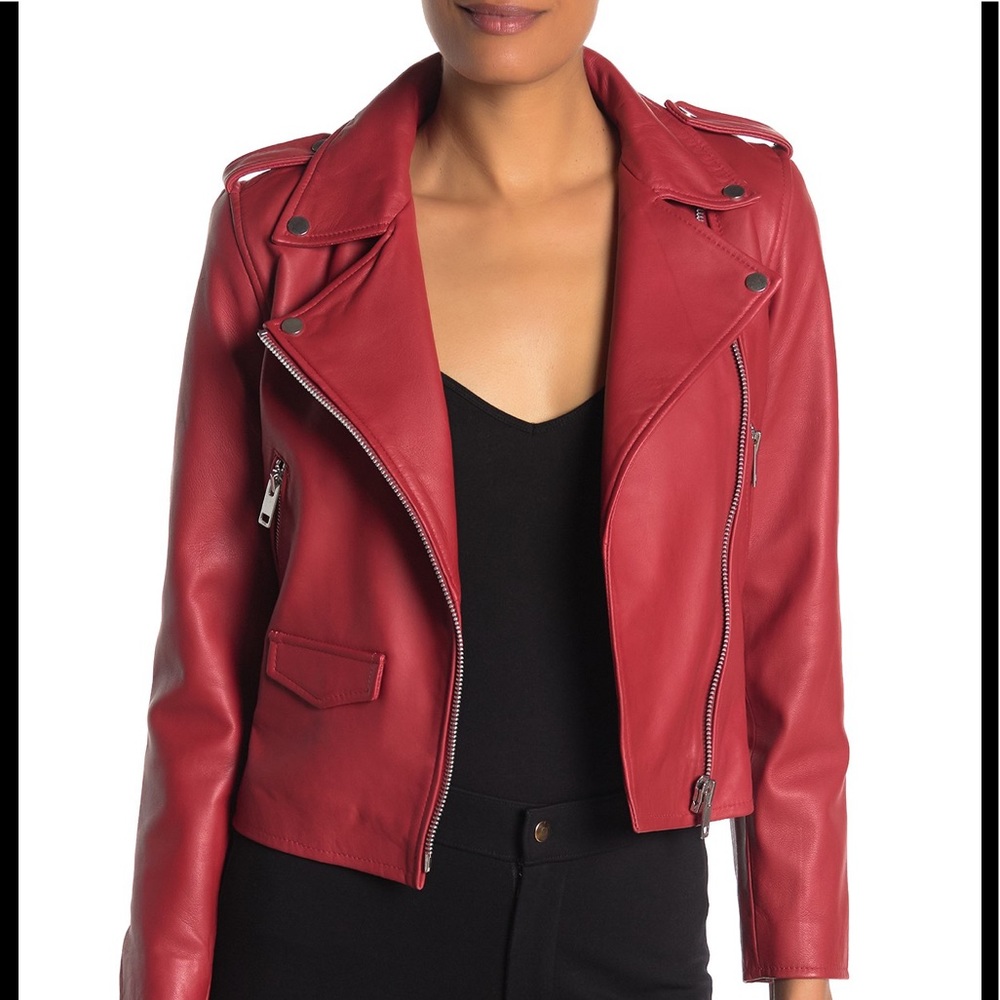 NWT WALTER BAKER Liz Leather Moto Jacket In Ruby
